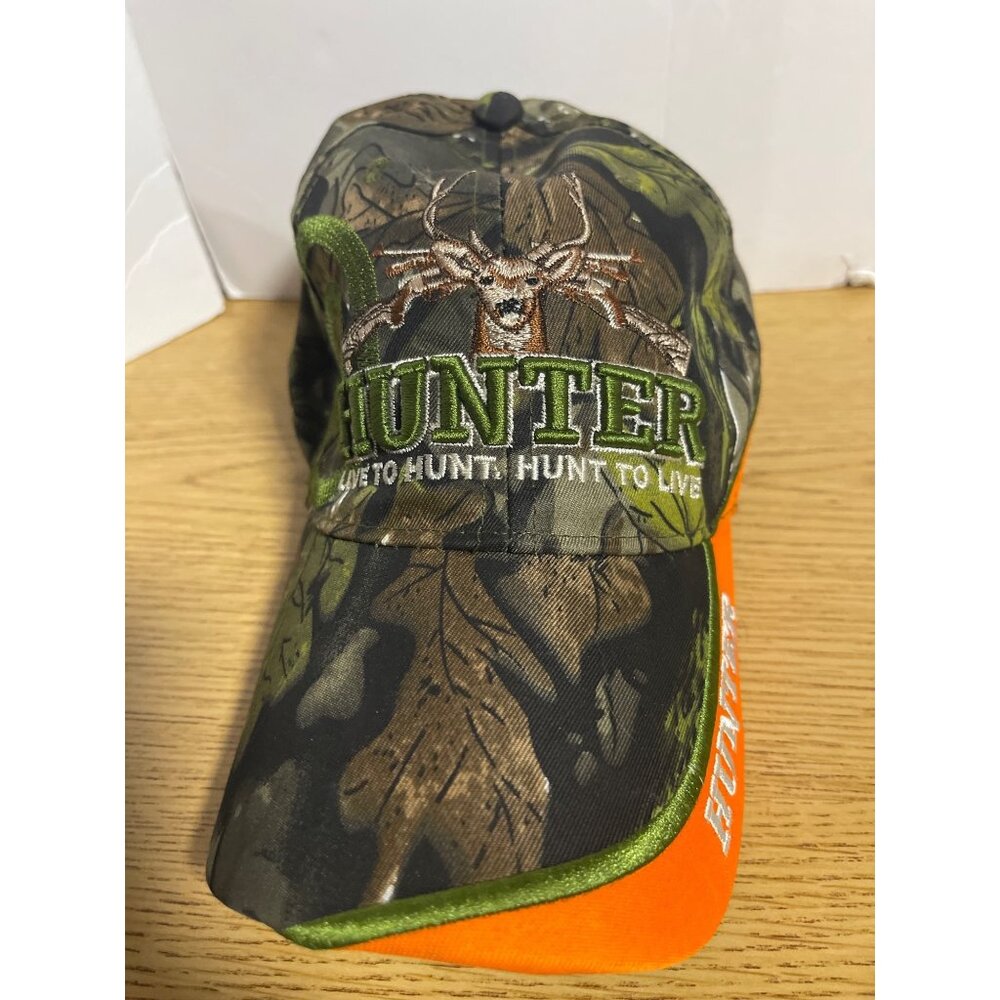 Camo Baseball Cap With Adjustable Strap Embroidered Blaze Orange Trim Hunting